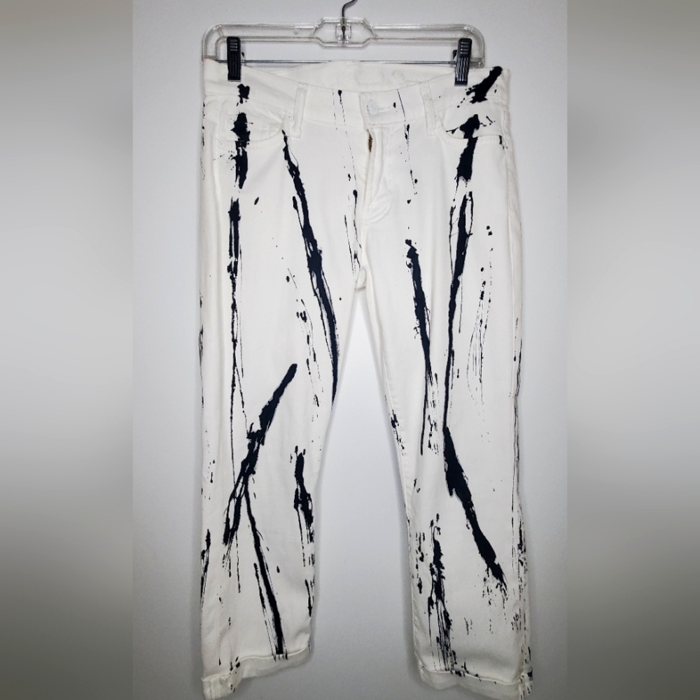 🔥🔥7 For All Mankind size 27 The Skinny Crop&Roll White And Black Pattern Jeans - Picture 3 of 14